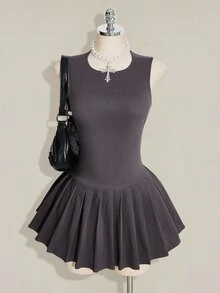 SHEIN ICON 女款夏季休閒日常通勤學院風極簡純色無袖百褶下擺迷你洋裝 - 灰色 - 查看 4