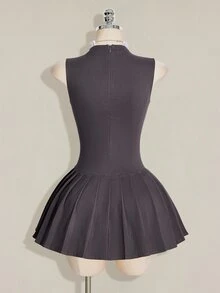 SHEIN ICON 女款夏季休閒日常通勤學院風極簡純色無袖百褶下擺迷你洋裝 - 灰色 - 查看 2