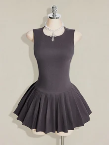 SHEIN ICON 女款夏季休閒日常通勤學院風極簡純色無袖百褶下擺迷你洋裝 - 灰色 - 查看 5