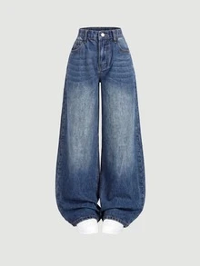 SHEIN Girlism 青少年女孩深藍色寬鬆牛仔長褲 秋冬休閒萬聖節新年校園穿搭 - 中等水洗藍 - 查看 5