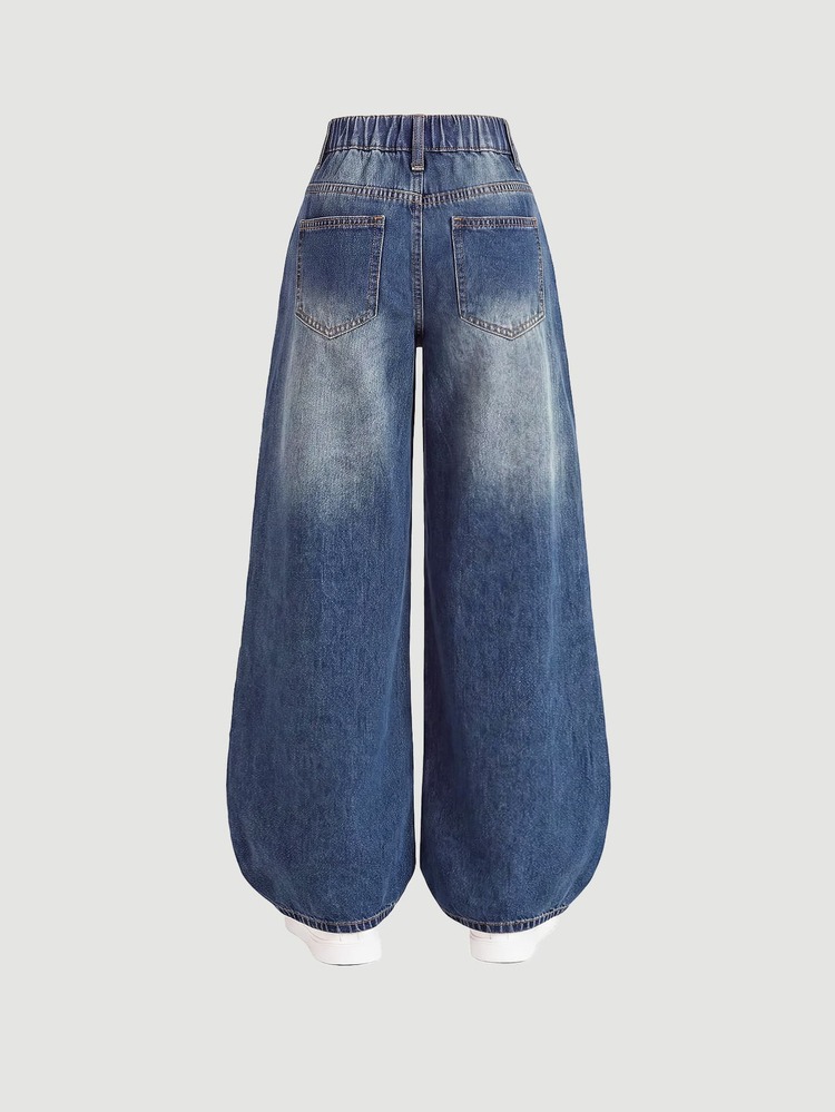 SHEIN Girlism Girls' Deep Blue Loose Denim Long Pants Fall Winter Casual Halloween New Year School - Medium Wash - View 4