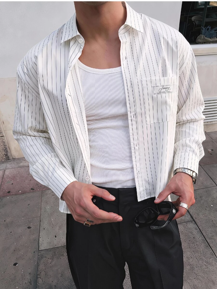 SWAVVY Men's Striped Casual Versatile Everyday Travel Shirt - White - View 1