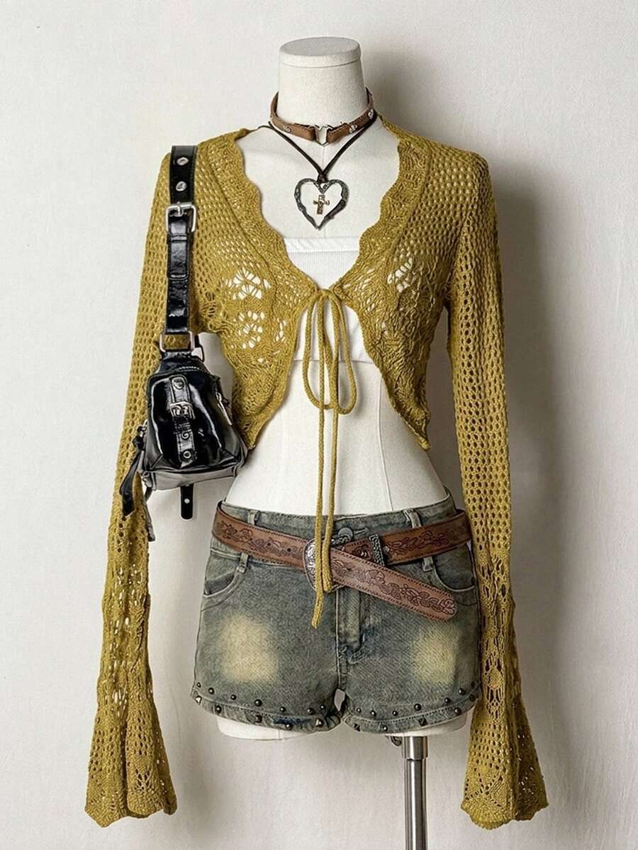 SHEIN Unity Women's Hollow Design Front Tie Thin Cardigan - Green - View 1