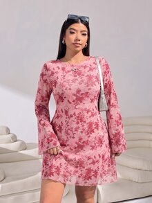 Solflare Plus Size Elegant Leaf Print Long Sleeve Dress Fall - Multicolor - View 7
