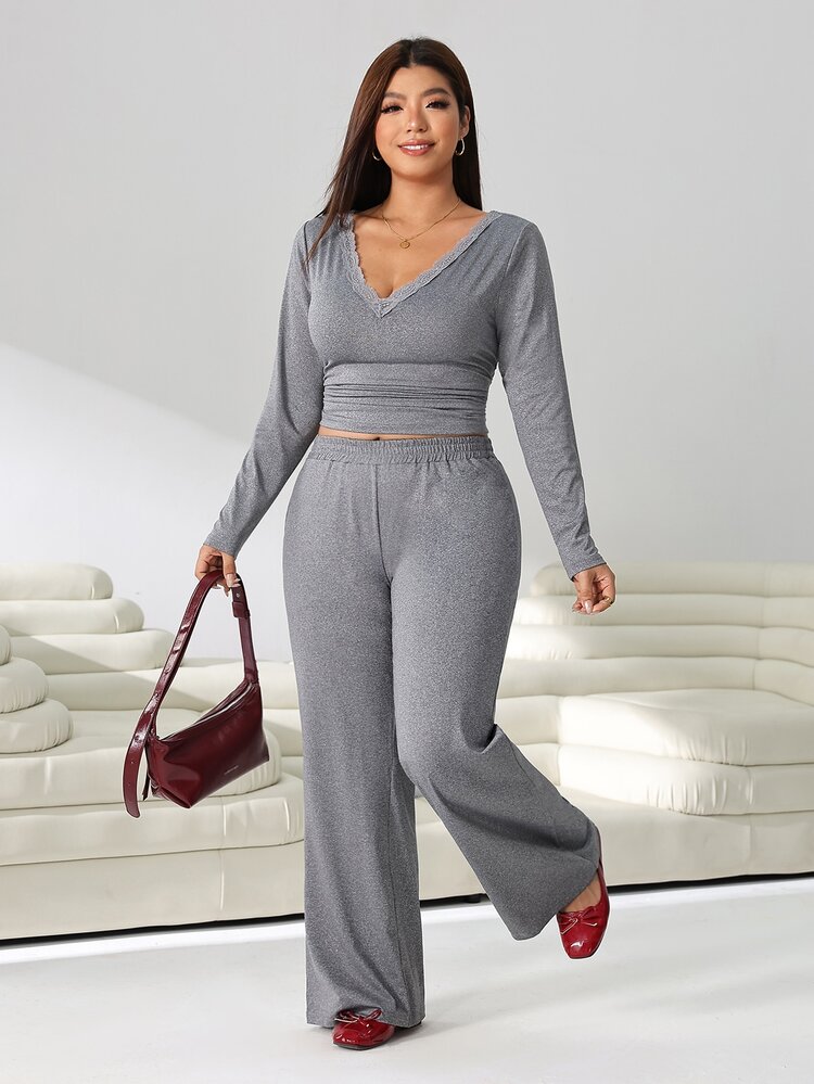 Solflare Plus Size Women Solid Color Contrast Lace V-Neck Long Sleeve T-Shirt And Pants Casual Set Fall - Light Grey - View 4