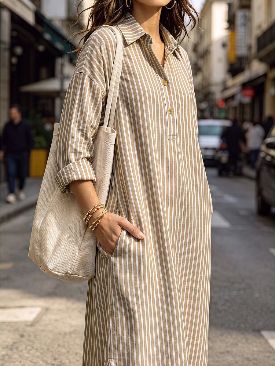 Trelyra 女款春秋翻領條紋休閒輕便度假風長袖鄉村風洋裝