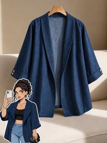 Linhara Plus Size Thin Cuff Button Decor Blazer, Casual Soft Form Commute Jacket Office Formal Navy Blue Fall - Blue - View 1