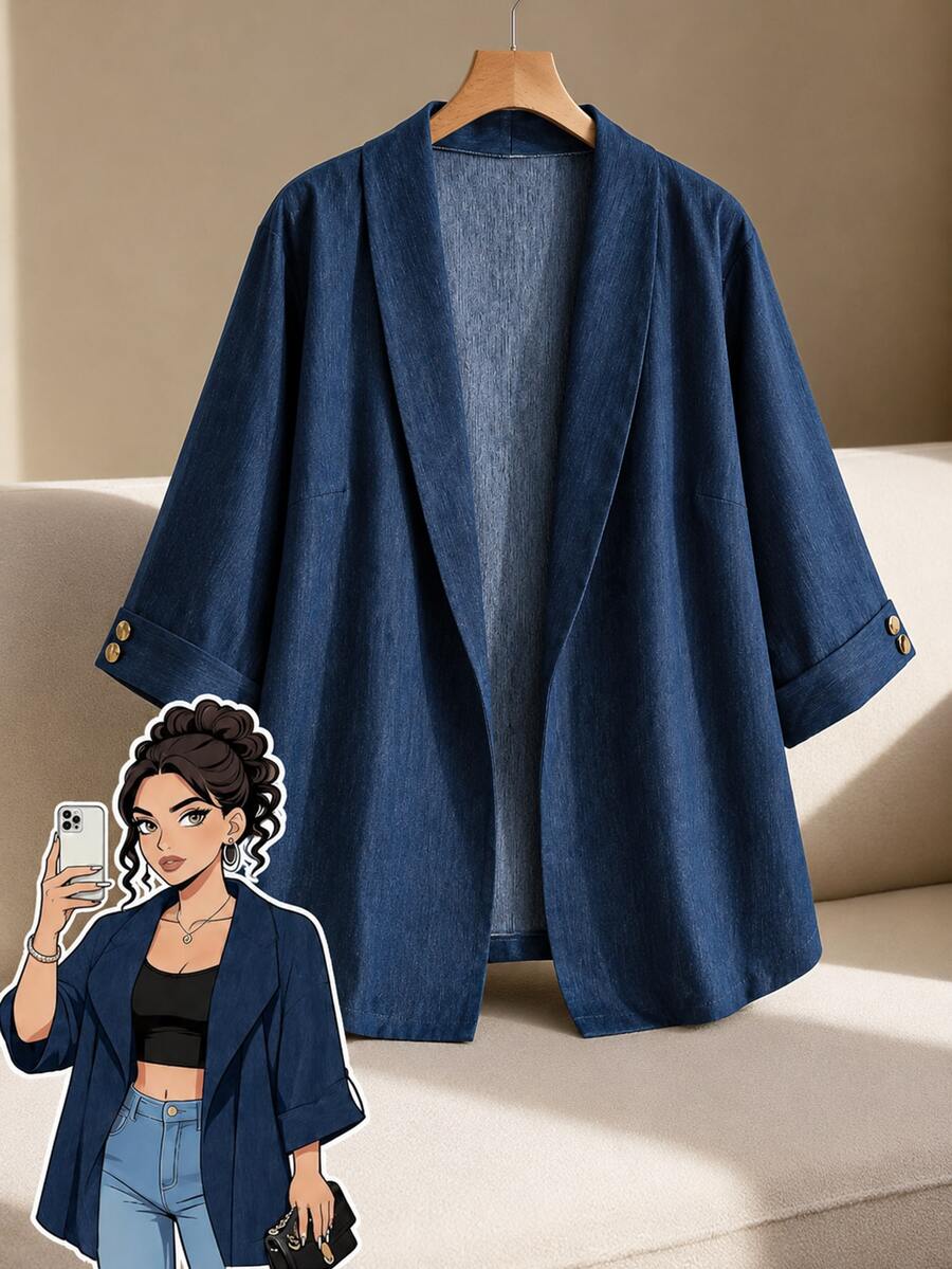 Linhara Plus Size Thin Cuff Button Decor Blazer, Casual Soft Form Commute Jacket Office Formal Navy Blue Fall - Blue - View 1