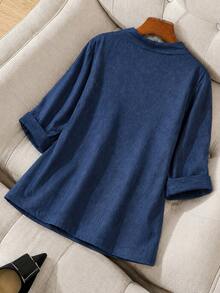 Linhara Plus Size Thin Cuff Button Decor Blazer, Casual Soft Form Commute Jacket Office Formal Navy Blue Fall - Blue - View 2