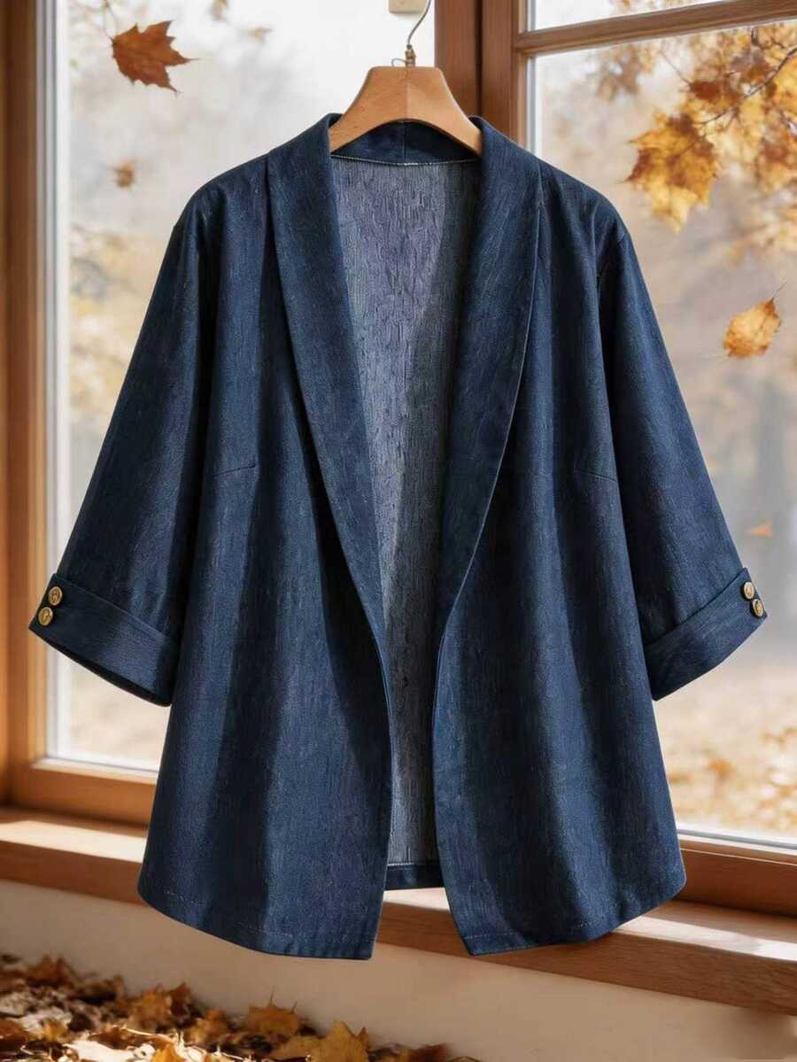 Linhara Plus Size Thin Cuff Button Decor Blazer, Casual Soft Form Commute Jacket Office Formal Navy Blue Fall - Blue - View 1