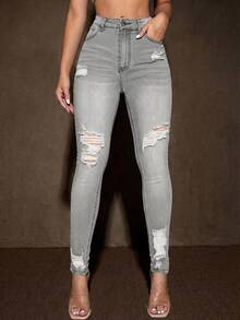 Selenza Front Button Pocketed Distressed Raw-Edge Casual Denim Pants - Light Grey - View 4