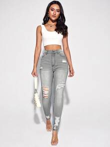 Selenza Front Button Pocketed Distressed Raw-Edge Casual Denim Pants - Light Grey - View 3