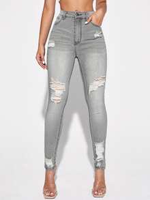 Selenza Front Button Pocketed Distressed Raw-Edge Casual Denim Pants - Light Grey - View 6