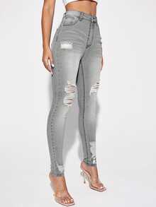 Selenza Front Button Pocketed Distressed Raw-Edge Casual Denim Pants - Light Grey - View 5