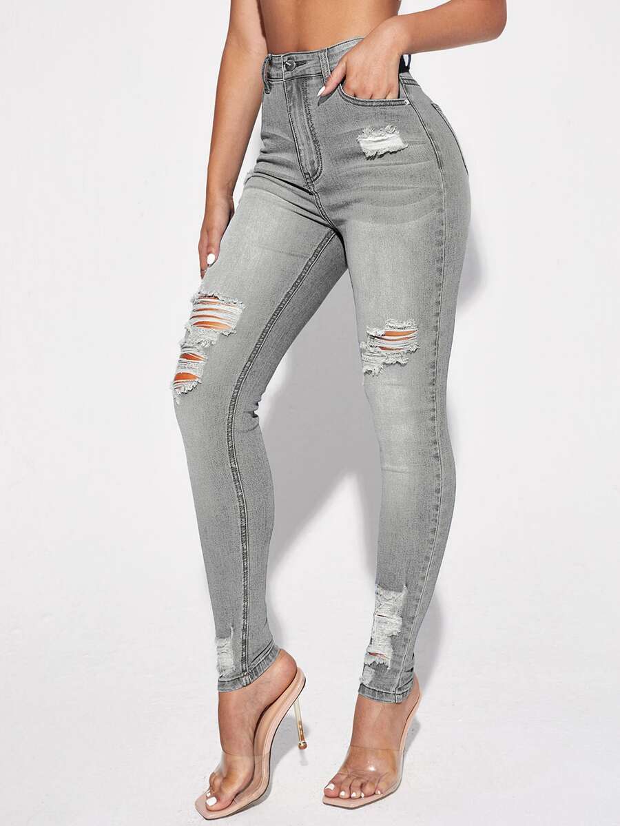 Selenza Front Button Pocketed Distressed Raw-Edge Casual Denim Pants - Light Grey - View 1
