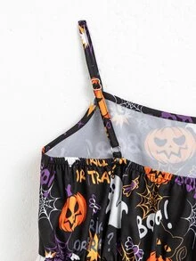 SHEIN 女童 2 件組萬聖節細肩帶洋裝套裝：純橘色與搞怪南瓜幽靈印花 A 字裙 - 黑色 - 查看 7