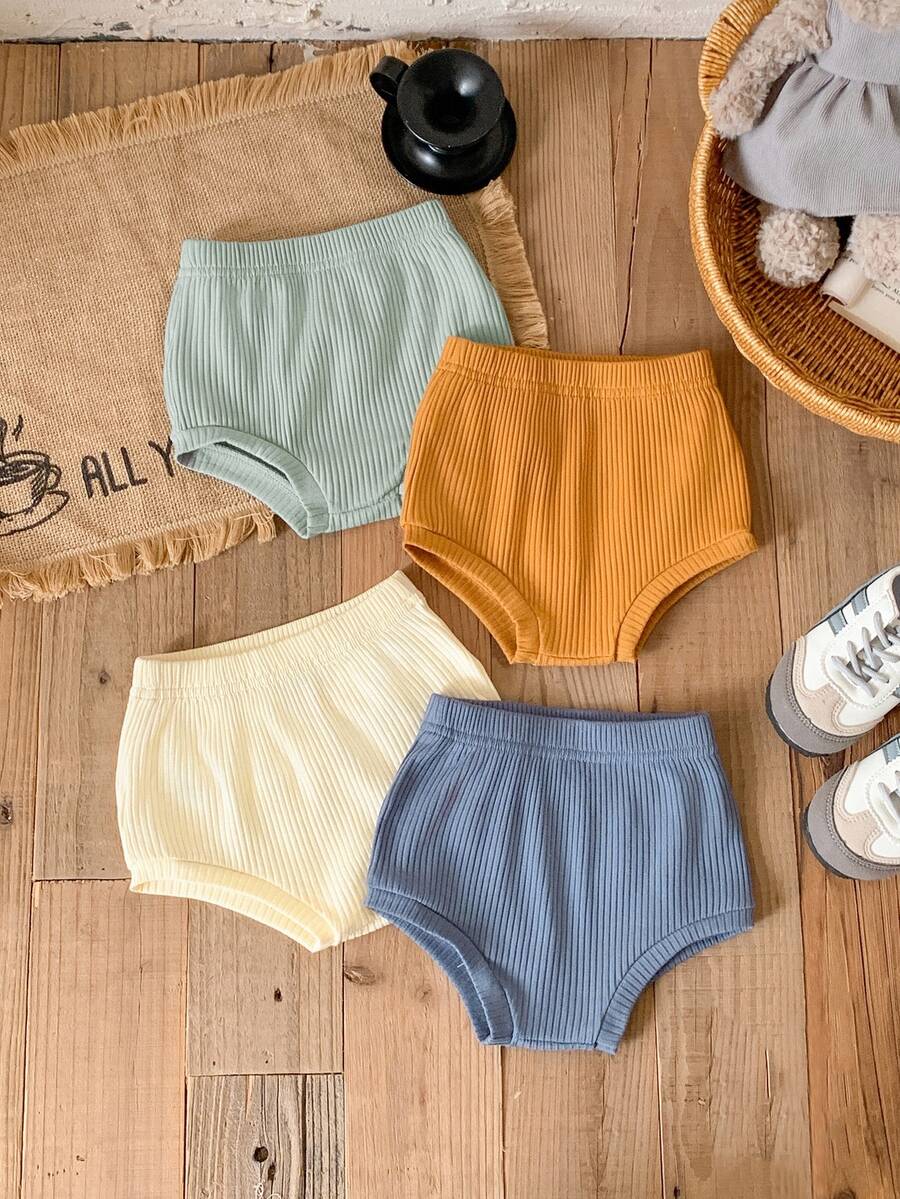 SHEIN Vintaside Kids 4pcs Baby Boy Knitted Ribbed Shorts,Versatile Triangular Underpants Set