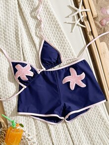 Swim SXY 秋冬新款多色掛脖三角上衣與高衩短褲比基尼套裝，發光海洋海星裝飾，熱門海灘度假派對下午茶女款兩件式比基尼套裝 - 彩色 - 查看 6