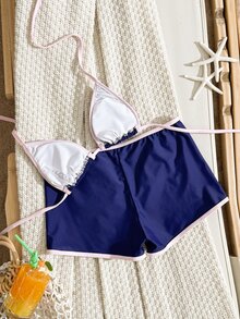 Swim SXY 秋冬新款多色掛脖三角上衣與高衩短褲比基尼套裝，發光海洋海星裝飾，熱門海灘度假派對下午茶女款兩件式比基尼套裝 - 彩色 - 查看 2