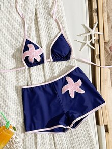 Swim SXY 秋冬新款多色掛脖三角上衣與高衩短褲比基尼套裝，發光海洋海星裝飾，熱門海灘度假派對下午茶女款兩件式比基尼套裝 - 彩色 - 查看 3