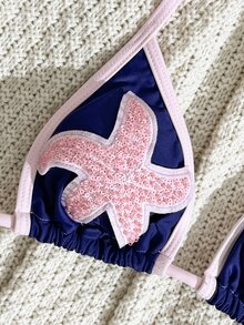 Swim SXY 秋冬新款多色掛脖三角上衣與高衩短褲比基尼套裝，發光海洋海星裝飾，熱門海灘度假派對下午茶女款兩件式比基尼套裝 - 彩色 - 查看 4