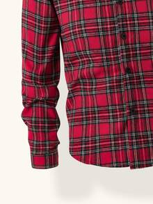 Teen Boy Christmas Theme Red Plaid Long Sleeve Shirt Casual Turn Collar Open Front Top - Red - View 6