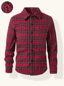 Teen Boy Christmas Theme Red Plaid Long Sleeve Shirt Casual Turn Collar Open Front Top - Red - View 3