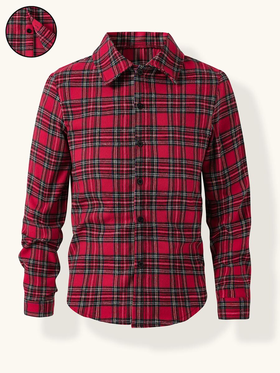 Teen Boy Christmas Theme Red Plaid Long Sleeve Shirt Casual Turn Collar Open Front Top - Red - View 1