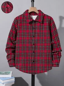 Teen Boy Christmas Theme Red Plaid Long Sleeve Shirt Casual Turn Collar Open Front Top - Red - View 4