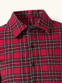 Teen Boy Christmas Theme Red Plaid Long Sleeve Shirt Casual Turn Collar Open Front Top - Red - View 5