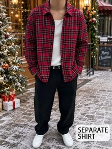 Teen Boy Christmas Theme Red Plaid Long Sleeve Shirt Casual Turn Collar Open Front Top - Red - View 1