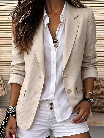 Holdful Holdful Women's Faux Linen Blazer Jacket, Notched Lapel, Dual Brown Buttons, Rollable Sleeve, Lightweight Loose Fit, Casual Outerwear For Office & Event