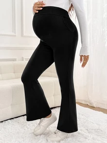 SHEIN 孕婦純色可調腰圍休閒日常穿著緊身內搭褲 - 黑色 - 查看 2