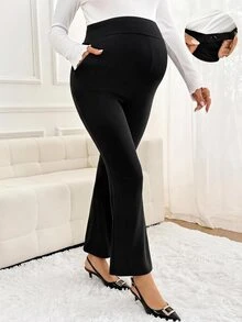 SHEIN 孕婦純色可調腰圍休閒日常穿著緊身內搭褲 - 黑色 - 查看 1
