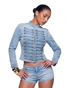 SHEIN ICON Women's Studded Decor Casual Versatile Daily Wear Long Sleeve Jacket - Blue - View 4