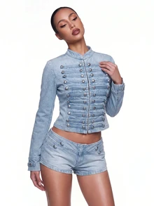 SHEIN ICON Women's Studded Decor Casual Versatile Daily Wear Long Sleeve Jacket - Blue - View 5