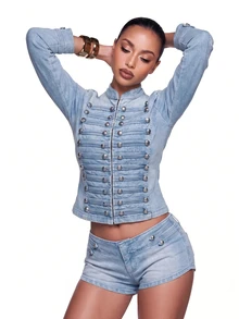 SHEIN ICON Women's Studded Decor Casual Versatile Daily Wear Long Sleeve Jacket - Blue - View 7