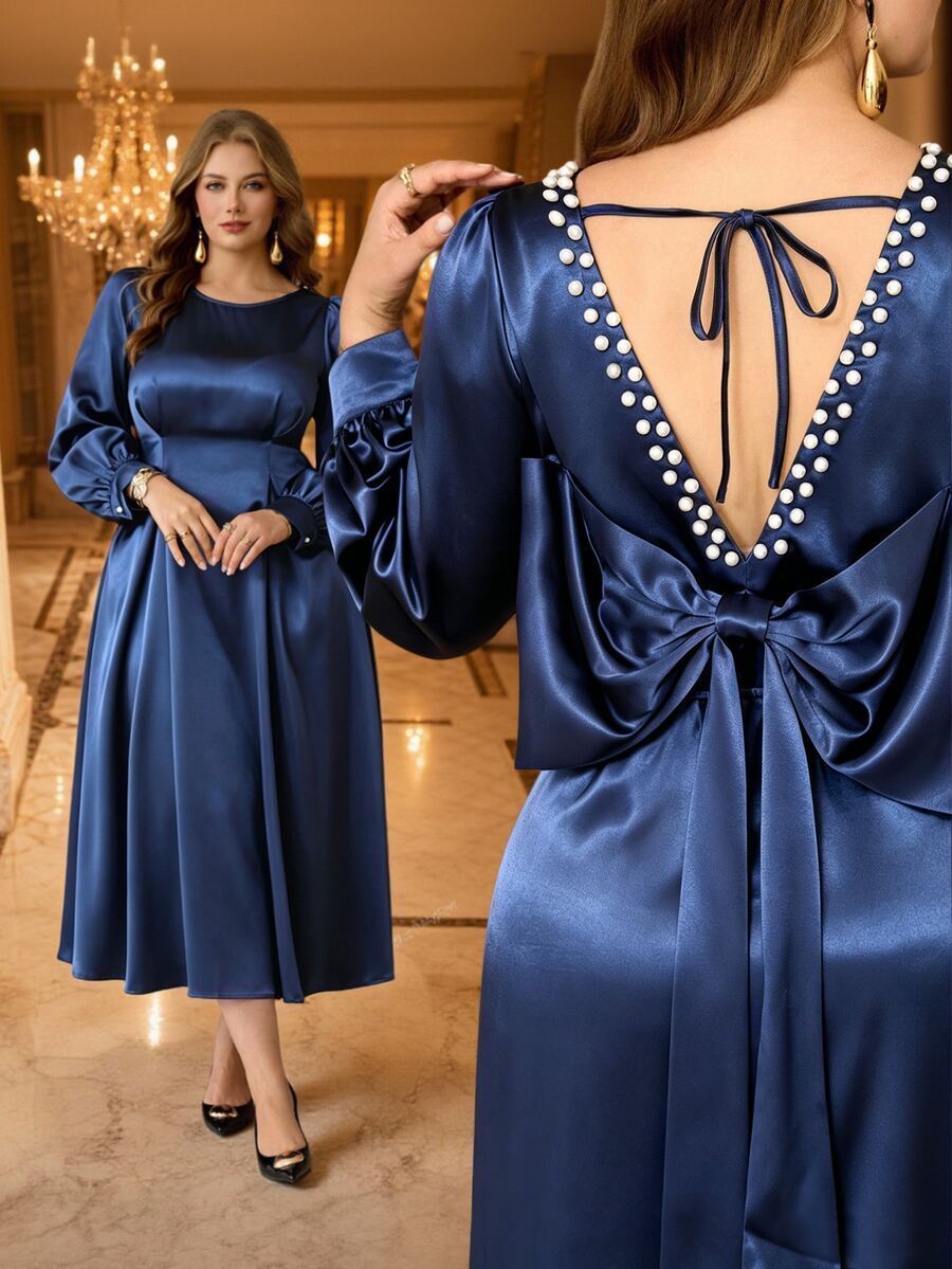 Roveilla Gaun Panjang Wanita Ukuran Besar Kasual Warna Polos Satin dengan Pinggang Berkerut dan Hiasan Mutiara di Belakang untuk Pesta Formal, Koktail, Musim Semi, Musim Gugur, Pernikahan, Biru Tua - Navy Blue - View 1