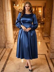 Roveilla Gaun Panjang Wanita Ukuran Besar Kasual Warna Polos Satin dengan Pinggang Berkerut dan Hiasan Mutiara di Belakang untuk Pesta Formal, Koktail, Musim Semi, Musim Gugur, Pernikahan, Biru Tua - Navy Blue - View 4