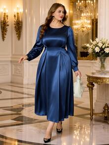 Roveilla Gaun Panjang Wanita Ukuran Besar Kasual Warna Polos Satin dengan Pinggang Berkerut dan Hiasan Mutiara di Belakang untuk Pesta Formal, Koktail, Musim Semi, Musim Gugur, Pernikahan, Biru Tua - Navy Blue - View 7