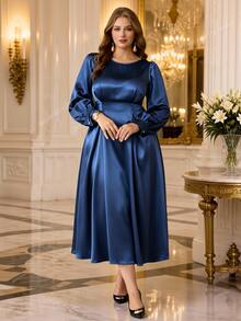 Roveilla Gaun Panjang Wanita Ukuran Besar Kasual Warna Polos Satin dengan Pinggang Berkerut dan Hiasan Mutiara di Belakang untuk Pesta Formal, Koktail, Musim Semi, Musim Gugur, Pernikahan, Biru Tua - Navy Blue - View 3