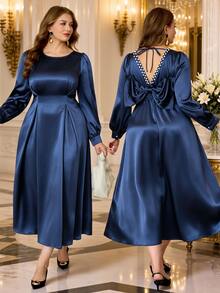 Roveilla Gaun Panjang Wanita Ukuran Besar Kasual Warna Polos Satin dengan Pinggang Berkerut dan Hiasan Mutiara di Belakang untuk Pesta Formal, Koktail, Musim Semi, Musim Gugur, Pernikahan, Biru Tua - Navy Blue - View 6