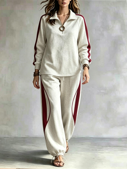Linhara CURVE Plus Size Women's Woven Regular Fit Autumn/Winter American Vintage Casual Loose Side Burgundy Double Stripe Half-Zip Polo Collar Sweatshirt & Drawstring Cuffed Sweatpants 2-Piece Set