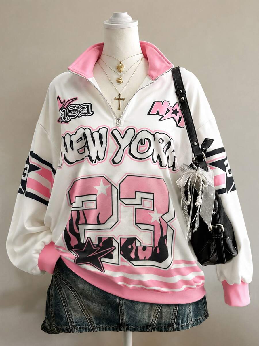 Coolane Women's Letter & Number Pattern Casual Daily Long Sleeve Sweatshirt - Multicolor - View 1