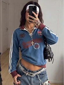 Attitoon 新款秋冬女款領口拉鍊運動衫/Y2K/街頭風/外出/返校/假期/秋季//休閒/學院風/CLUB/時尚/復古/布魯克林 - 彩色 - 查看 6