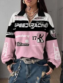 Coolane 新款秋冬女款領口拉鍊運動衫 Y2K 運動休閒街頭風 外出度假夜生活返校季 秋季賽車圖案 粉色與白色 - 彩色 - 查看 6