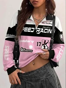 Coolane 新款秋冬女款領口拉鍊運動衫 Y2K 運動休閒街頭風 外出度假夜生活返校季 秋季賽車圖案 粉色與白色 - 彩色 - 查看 4