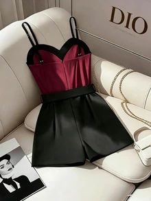 SHEIN Franclia Daily Basic Commute Fitted Waist Belt Cinched Black & White Contrast Color Short Women's Jumpsuit - Burgundy - View 2