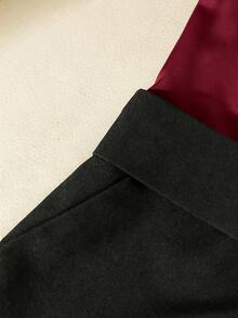 SHEIN Franclia Daily Basic Commute Fitted Waist Belt Cinched Black & White Contrast Color Short Women's Jumpsuit - Burgundy - View 4