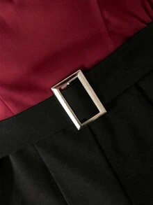 SHEIN Franclia Daily Basic Commute Fitted Waist Belt Cinched Black & White Contrast Color Short Women's Jumpsuit - Burgundy - View 5